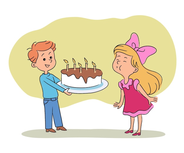 축제 달콤한 케이크를 들고 소년과 촛불을 불고 소녀 생일 파티를 축하하는 어린 친구 행복한 어린 시절과 우정