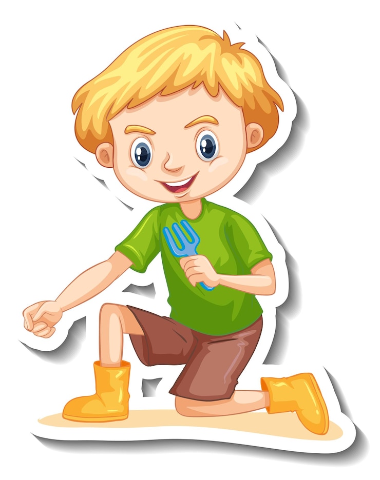 Free Vector a boy holding gardening tool cartoon character sticker