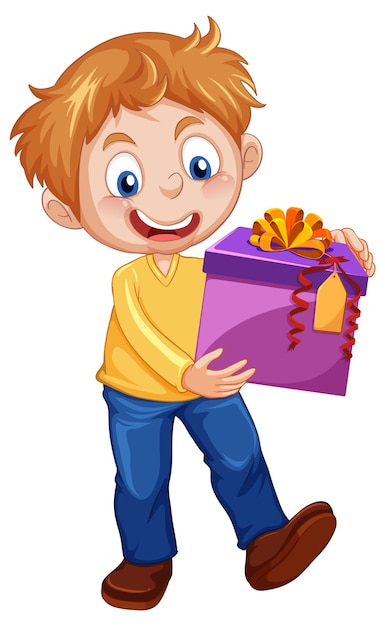 Free vector a boy holding a gift box cartoon character on white background