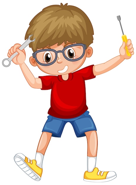 Free vector a boy holding hand tools on white background