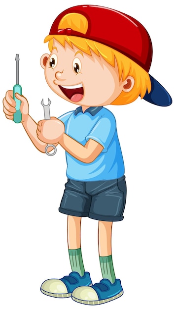Free vector a boy holding hand tools on white background