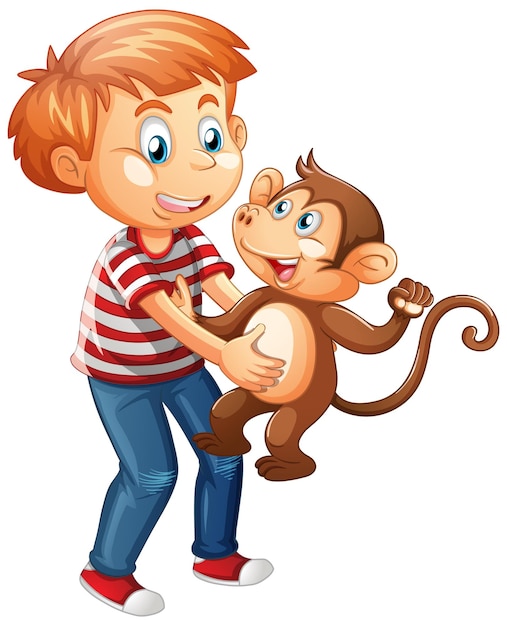 Boy holding a little monkey isolated on white