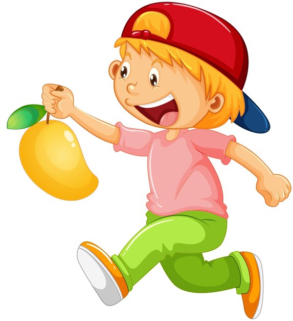 A boy holding mango fruit cartoon character isolated on white background