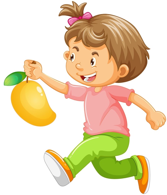 Vettore gratuito un ragazzo che tiene il personaggio dei cartoni animati di frutta mango isolato su bianco