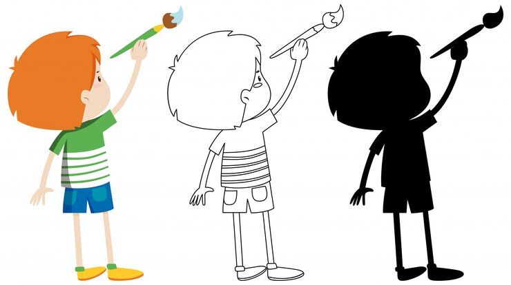 Free Vector boy holding paintbrush with its outline and silhouette
