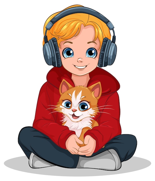 Free vector boy holding pet sitting on the floor listening to music with headset