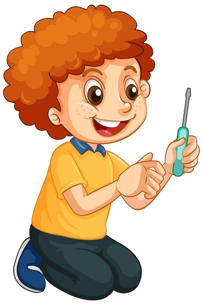 Free vector a boy holding a screwdriver on white background