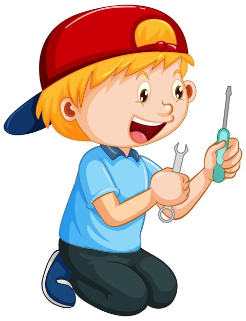 A boy holding a screwdriver on white background