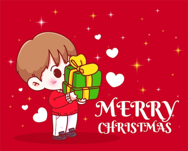 Boy holding a stack of christmas presents on christmas holiday celebration hand drawn cartoon art illustration Free Vector