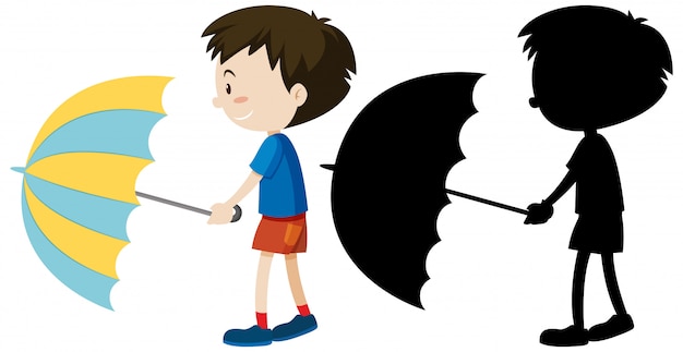 Free vector boy holding umbrella in color and silhouette