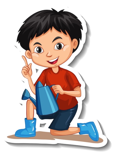 Free vector a boy holding watering can cartoon character sticker