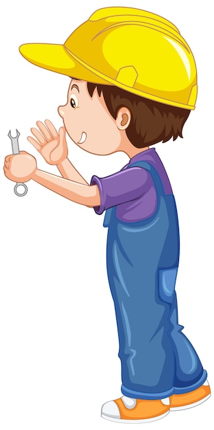 A boy holding wrench on white background