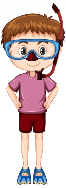Бесплатное векторное изображение Мальчик в розовой рубашке с трубкой и ластами