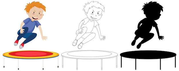 Free vector boy jumping on trampoline with its outline and silhouette