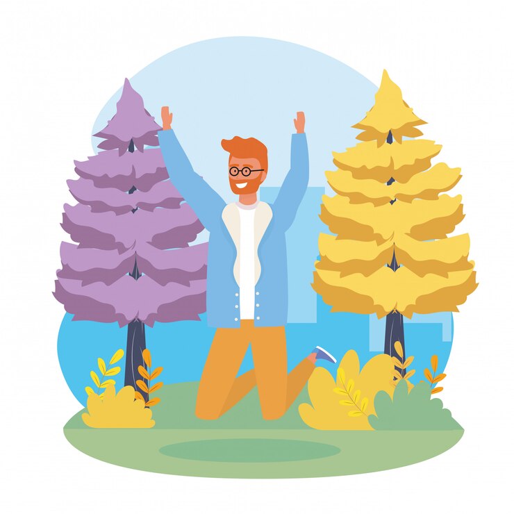 Free Vector boy jumping with pines trees and plants