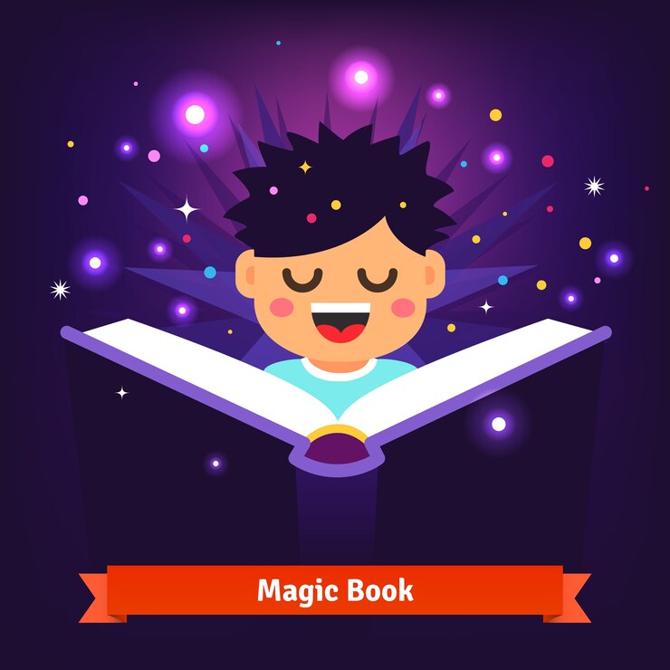 Free Vector boy kid reading magic spell book as it glows