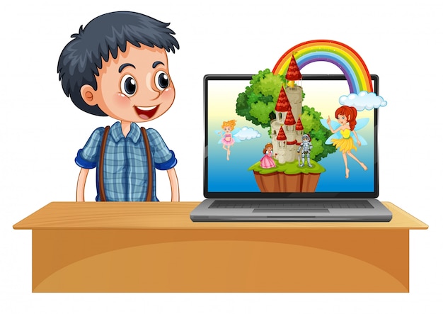 Boy next to laptop with fairy on backgroung