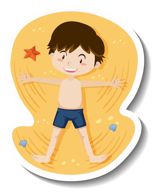 Free vector a boy lay down on the sand cartoon sticker