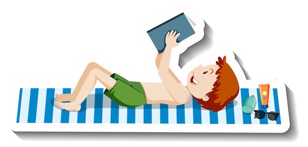 Free vector boy laying on beach mat cartoon sticker