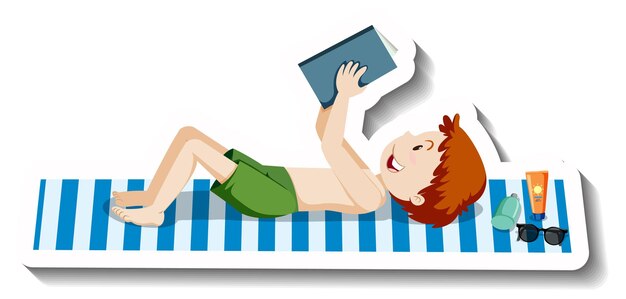 Boy laying on beach mat cartoon sticker