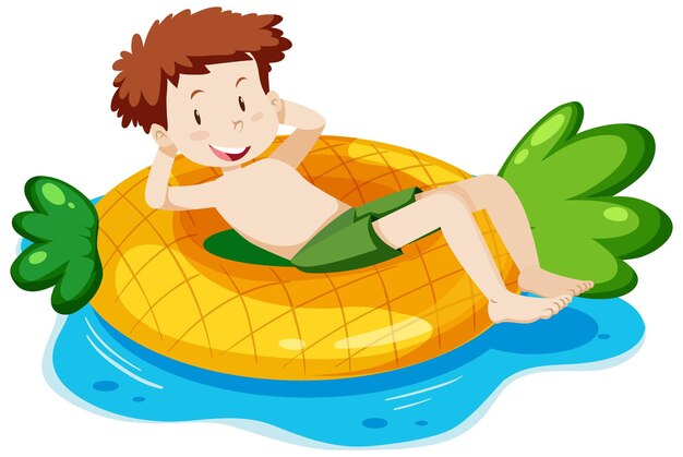 分離された水のパイナップル スイミング リングに横たわる少年