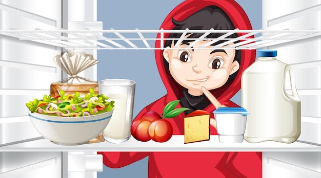 Бесплатное векторное изображение Мальчик смотрит на еду в холодильнике