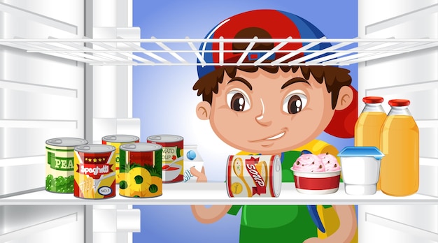 Free vector boy looking at food in fridge