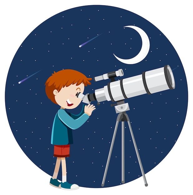 Мальчик смотрит в телескоп ночью