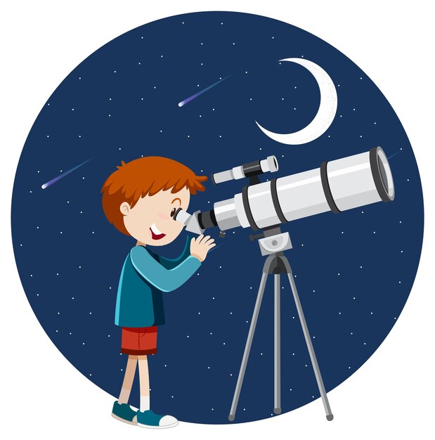 A boy looking through telescope at night