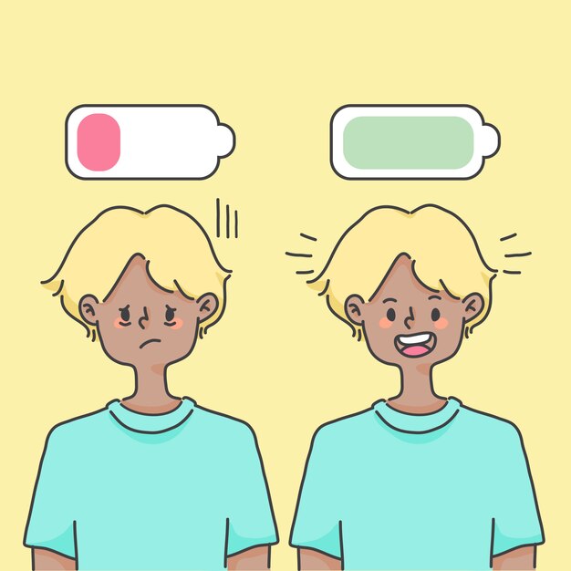 少年低エネルギーと完全エネルギーの概念幸せなかわいい人イラスト プレミアムベクター