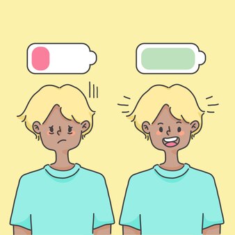 少年低エネルギーと完全エネルギーの概念幸せなかわいい人イラスト プレミアムベクター 少年低エネルギーと完全エネルギーの概念幸せなかわいい人イラスト プレミアムベクター