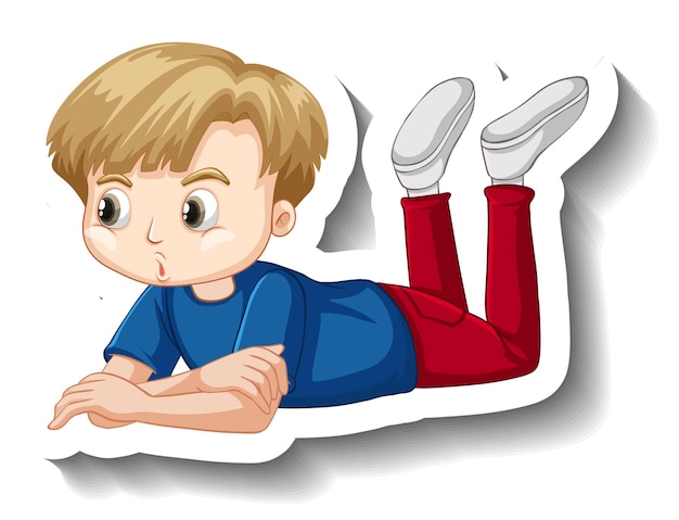 無料ベクター 地面の漫画のステッカーに横になっている少年