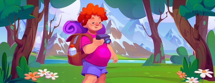 Free Vector boy in mountain wonderland adventure background
