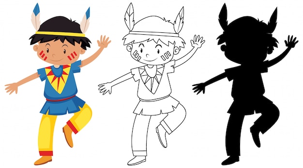 Free vector boy in native american costume in colour and outline and silhouette