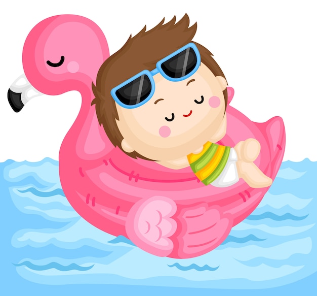 Мальчик на плавающем фламинго