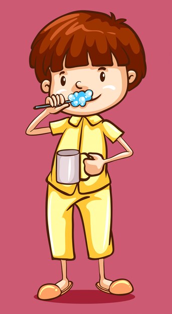 Boy in pajamas brushing teeth