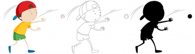 Boy playing baseball in colour and outline and silhouette