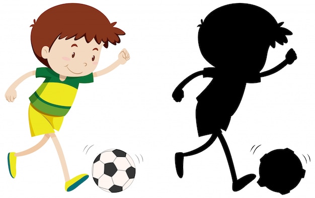 Free vector boy playing football in colour and silhouette