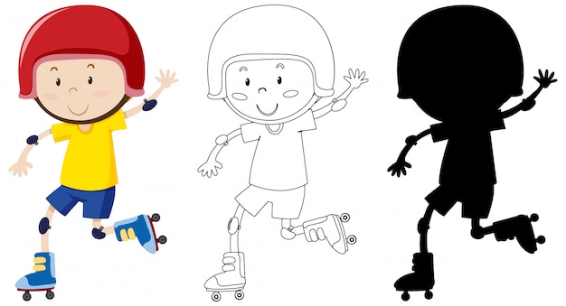 Boy playing roller skate in colour and outline and silhouette