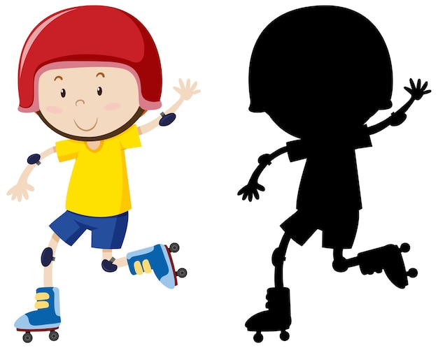 Free vector boy playing roller skate in colour and silhouette