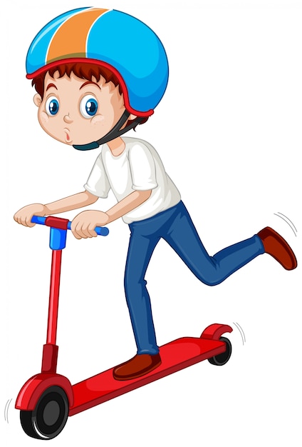 Boy playing scooter on white