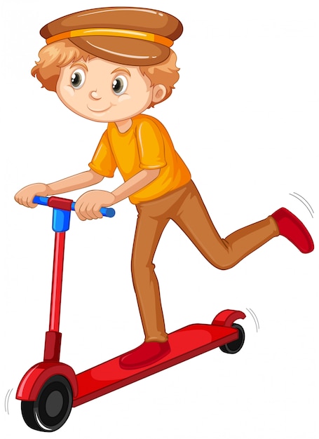 Boy playing scooter on white