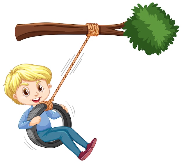 Boy playing tire swing under the branch on white background