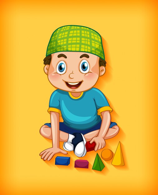 Boy playing toys on yellow background
