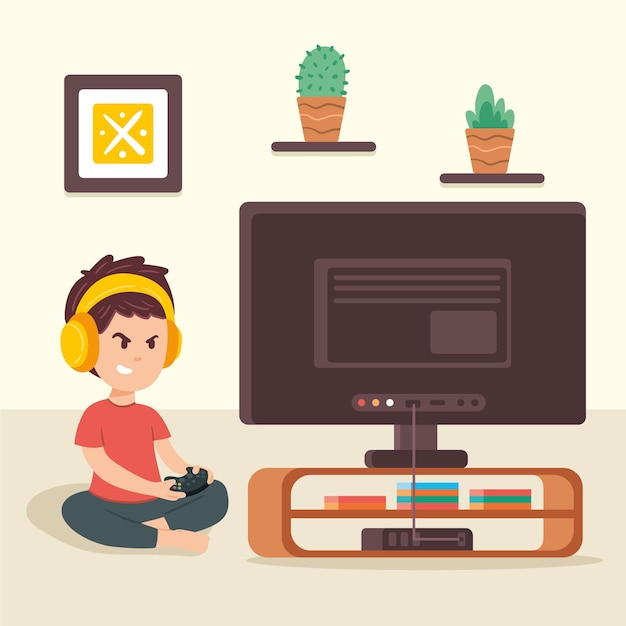 Free vector boy playing videogame illustration