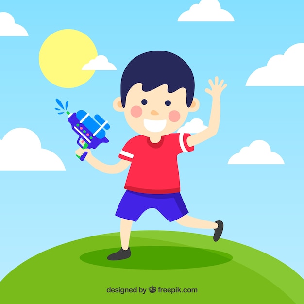 Free vector boy playing with blue water gun