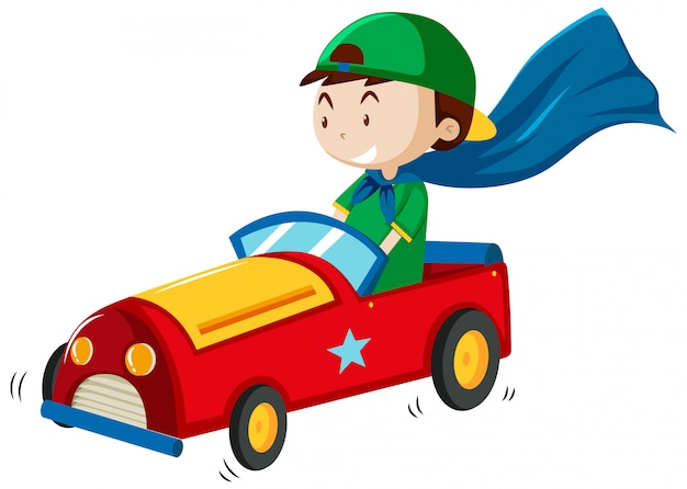 Boy playing with car toy cartoon style isolated