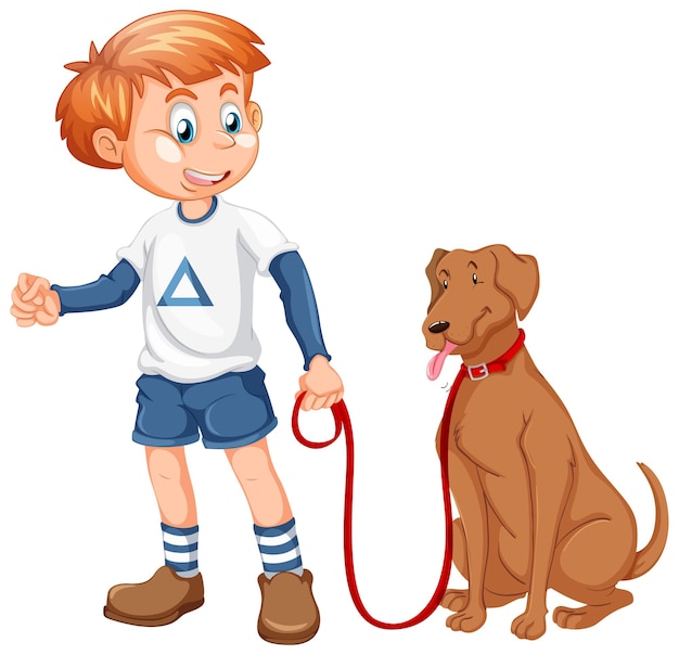 Boy playing with a dog isolated on white background