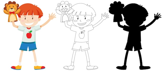 Boy playing with doll hand in colour and outline and silhouette