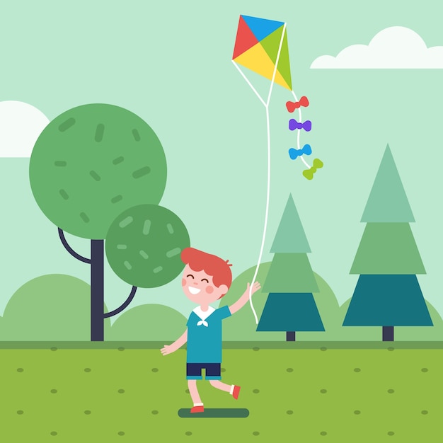 Free vector boy playing with kite in the park